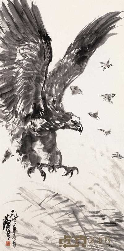黄胄 1982年作 鹰击图 镜心 136.5×66.5cm